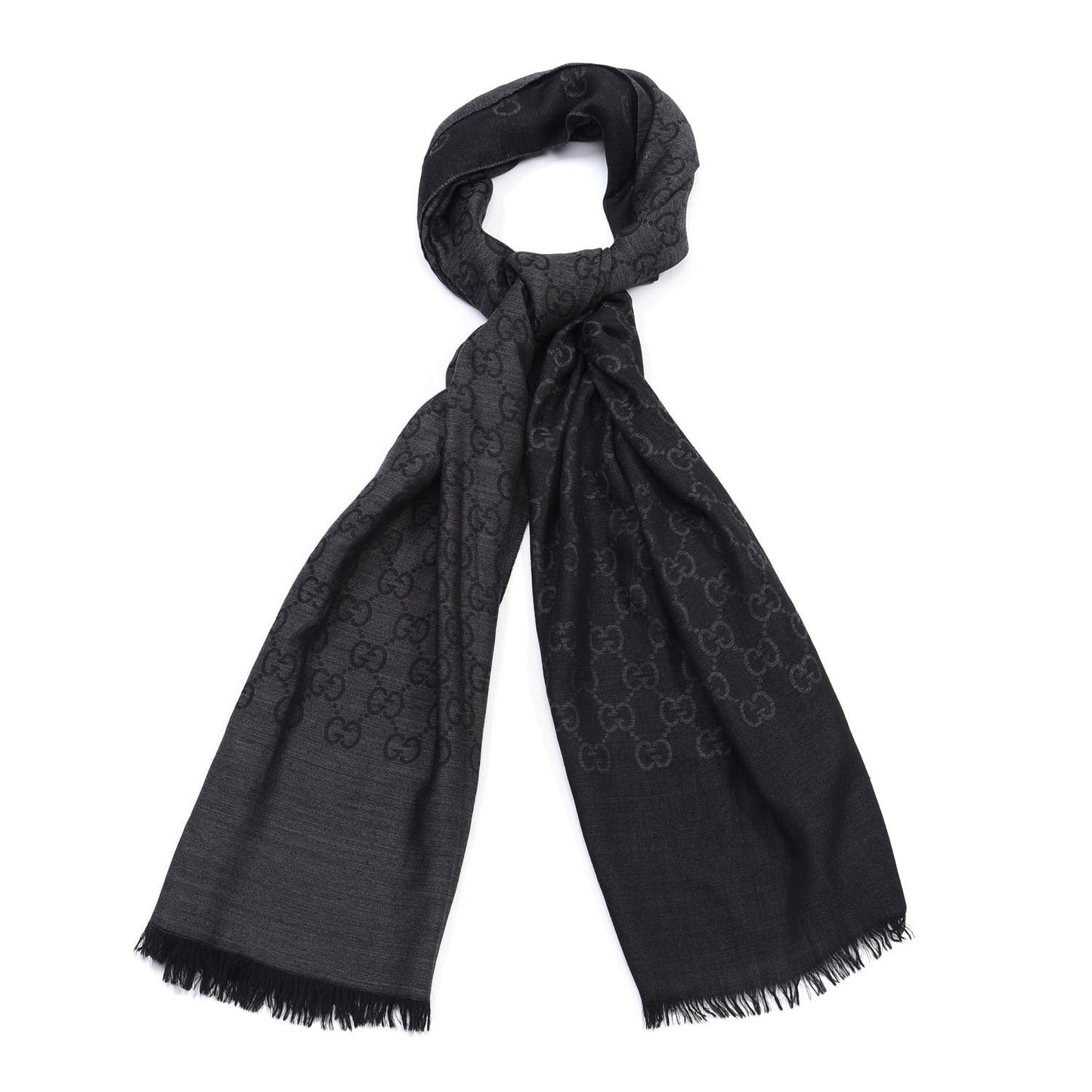 Wool Silk Jacquard Monogram Fringe Scarf Anthracite Black