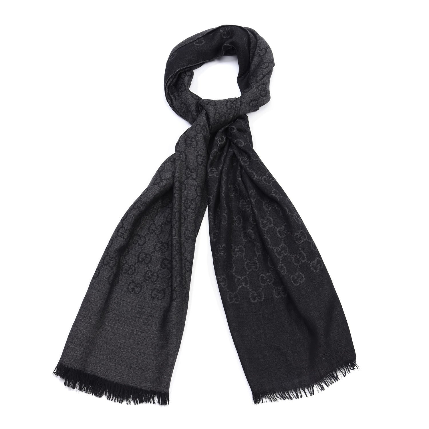 Gucci Wool Silk Jacquard Monogram Fringe Scarf Anthracite Black 1 of 4