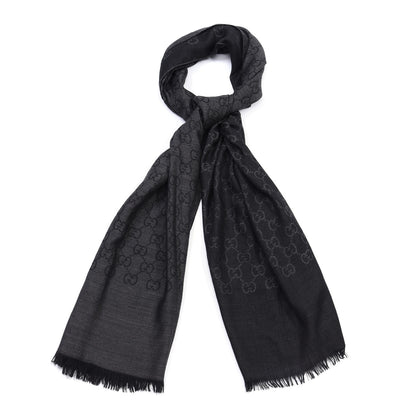 Gucci Wool Silk Jacquard Monogram Fringe Scarf Anthracite Black 1 of 4