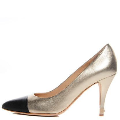 Chanel Lambskin Metallic Cap Toe Pumps 39 Light Gold Black 1 of 7