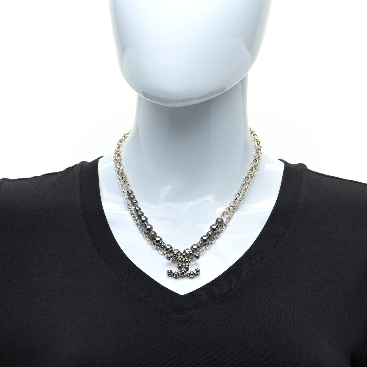 Crystal Pearl Nefertiti CC Double Chain Pendant Necklace Gold Dark Grey