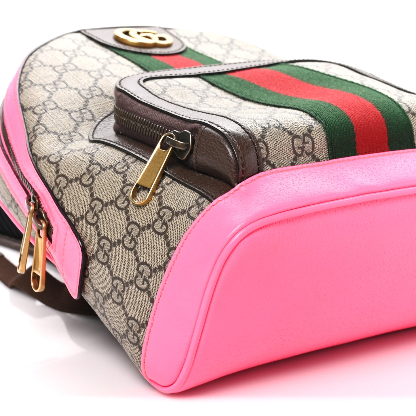GG Supreme Monogram Textured Dollar Calfskin Web Small Ophidia Day Backpack Beige Ebony Fluorescent Fuchsia
