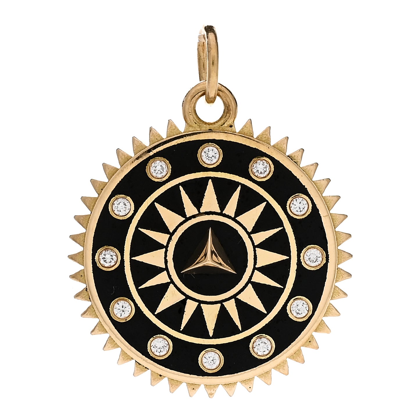 18K Yellow Gold Diamond Champleve Enamel Medium Pyramid Dream Medallion Pendant Black
