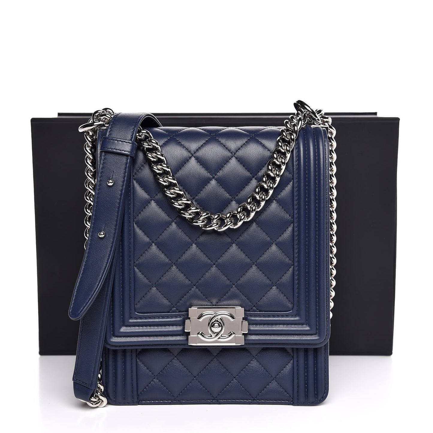 Calfskin Quilted North South Boy Flap Navy