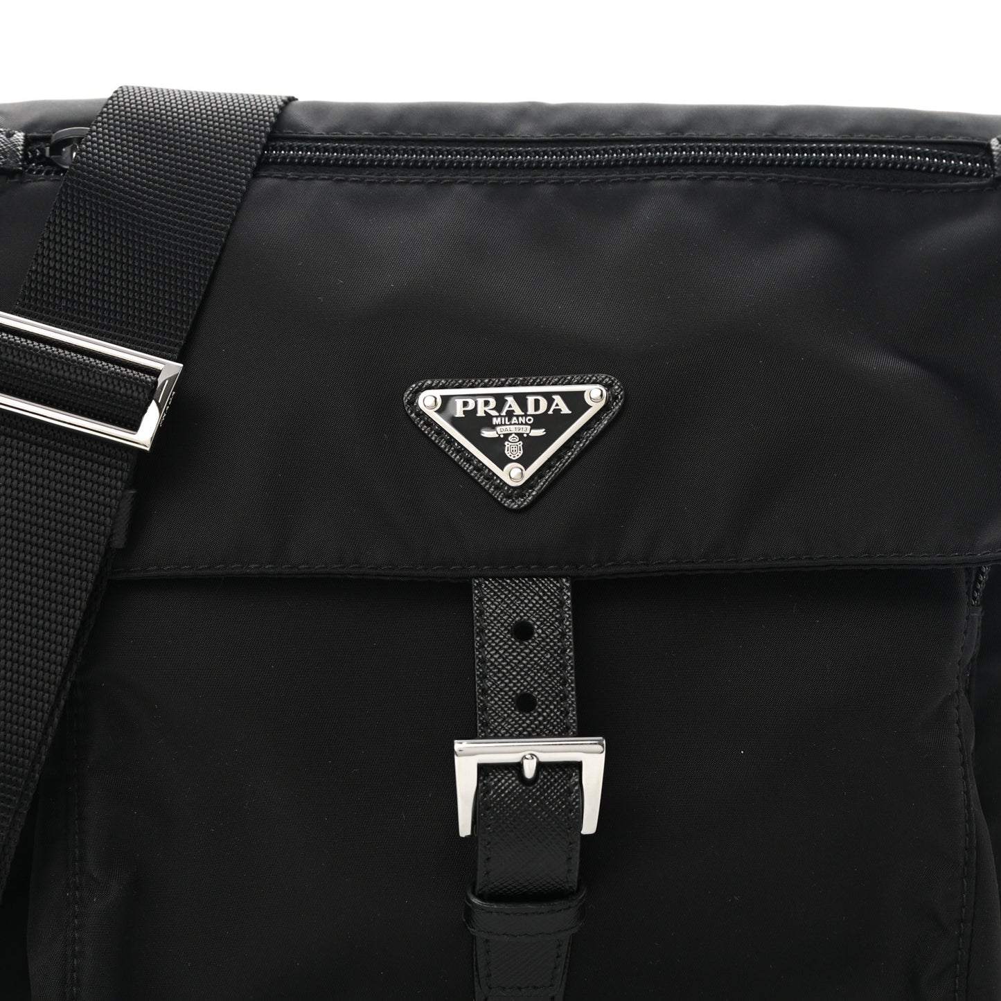 Re-Nylon Vela Saffiano Pocket Single Buckle Messenger Shoulder Bag Black