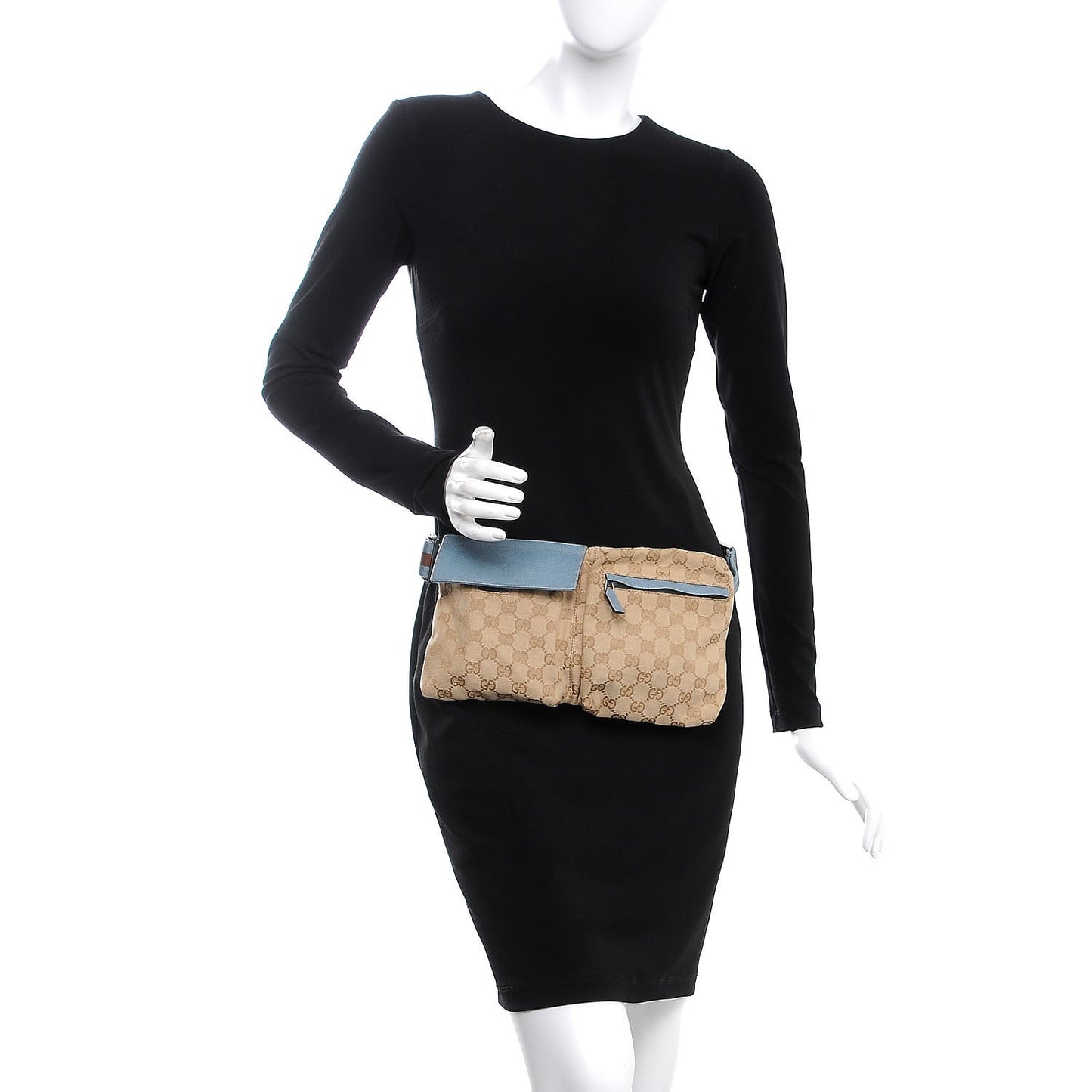 GG Monogram Web Double Pocket Belt Bag Blue