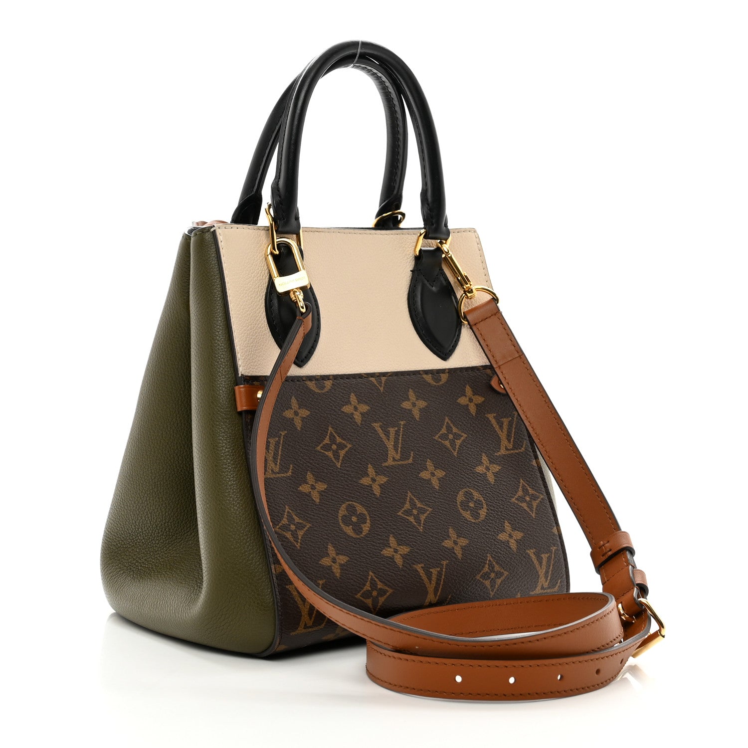 Louis Vuitton Calfskin Monogram Fold Tote PM Cream Khaki Black 3 of 13