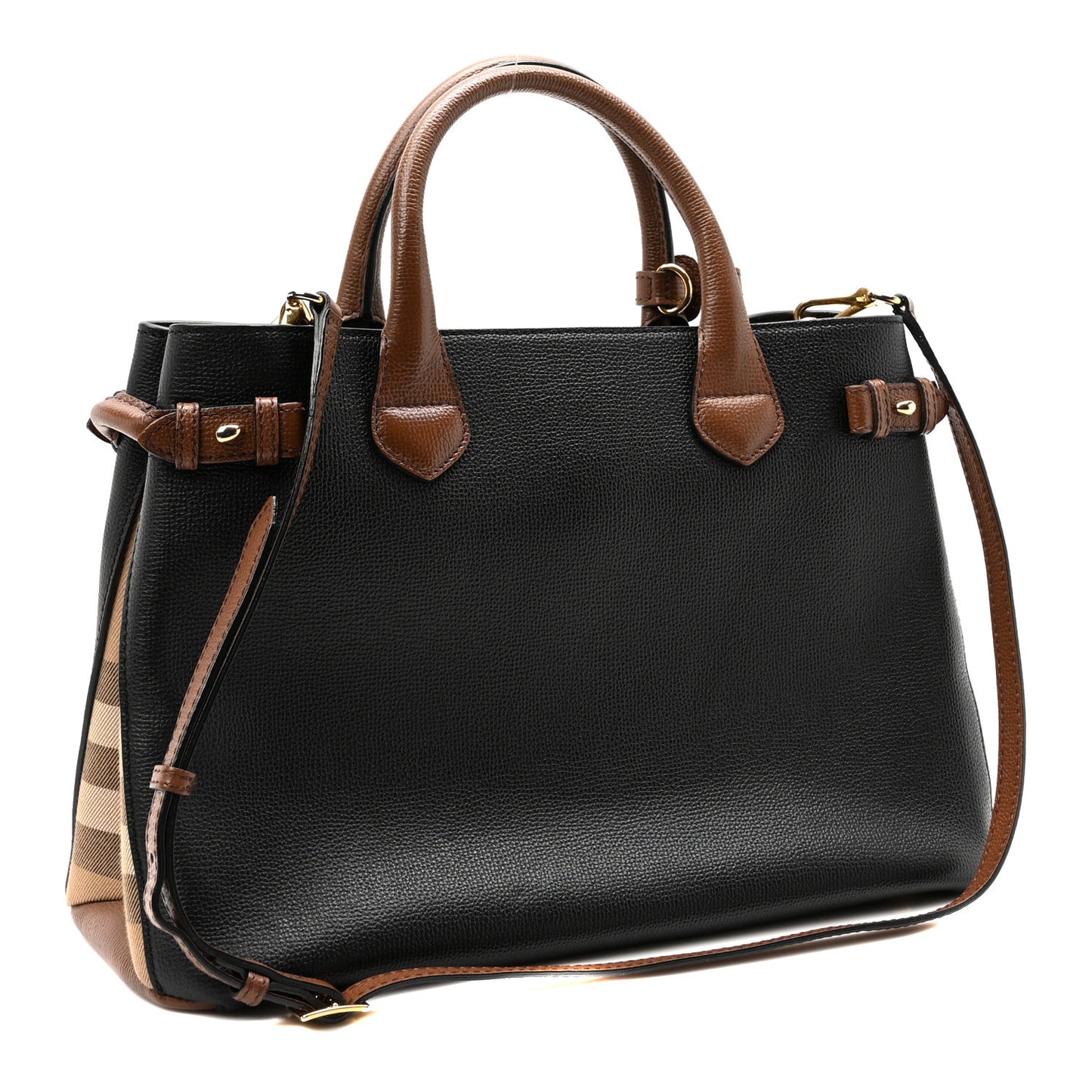Grainy Calfskin House Check Two Tone Medium Banner Tote Black Brown
