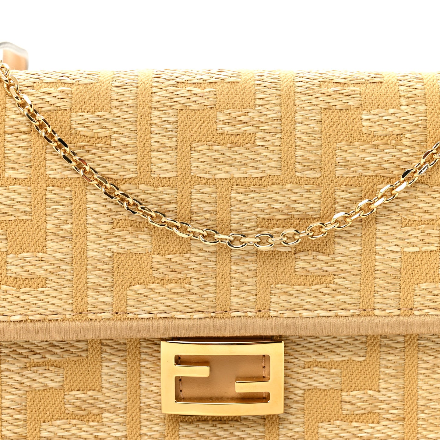 Fabric Jacquard Raffia Straw FF 1974 Wallet On Chain Natural Dark Honey