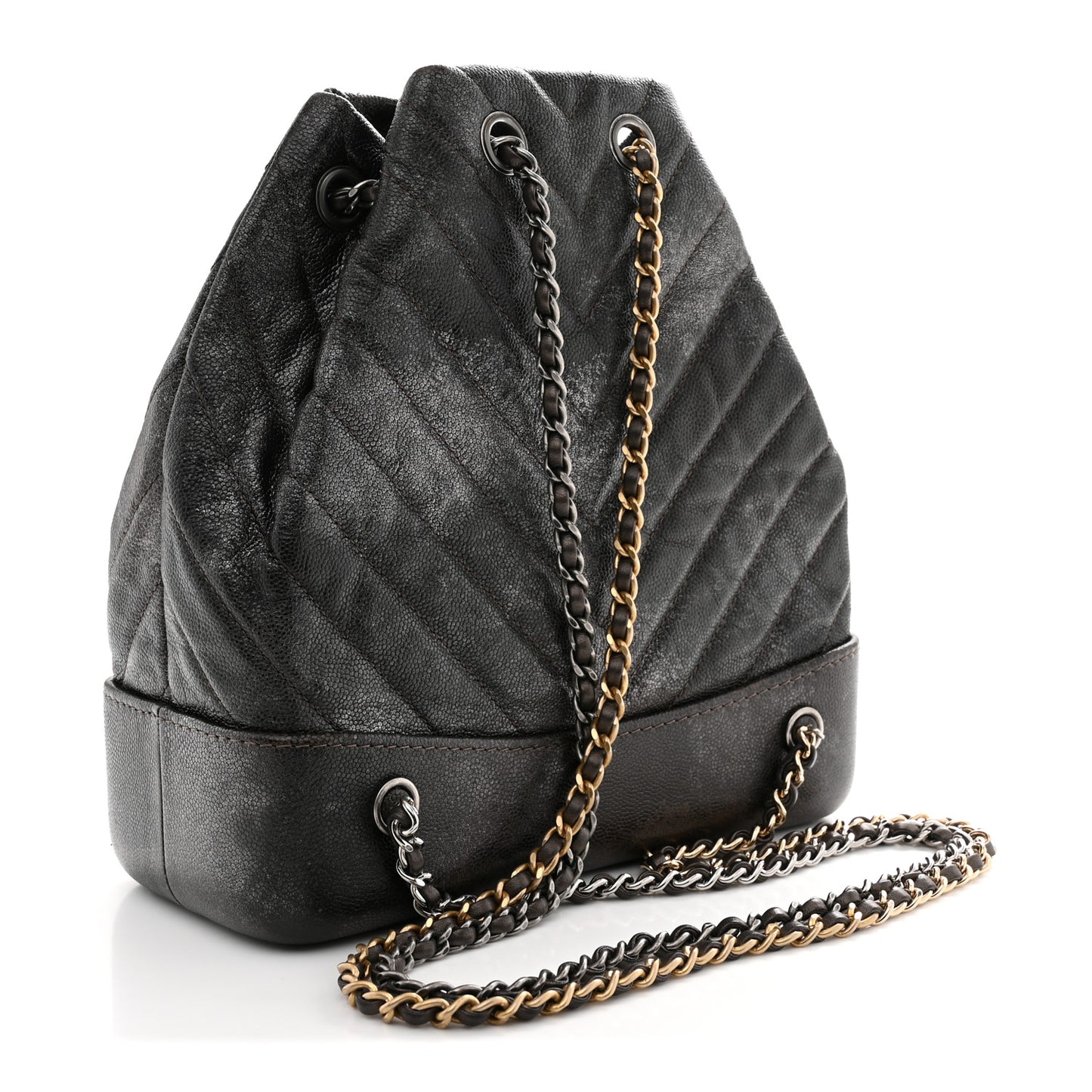 Metallic Grained Goatskin Chevron Quilted Gabrielle Backpack Dark Silver Gold