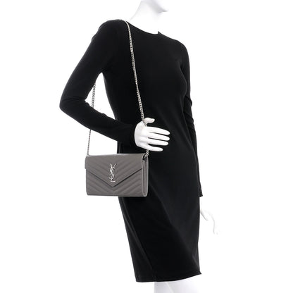 Saint Laurent Grain De Poudre Matelasse Chevron Monogram Chain Wallet Fog 2 of 6