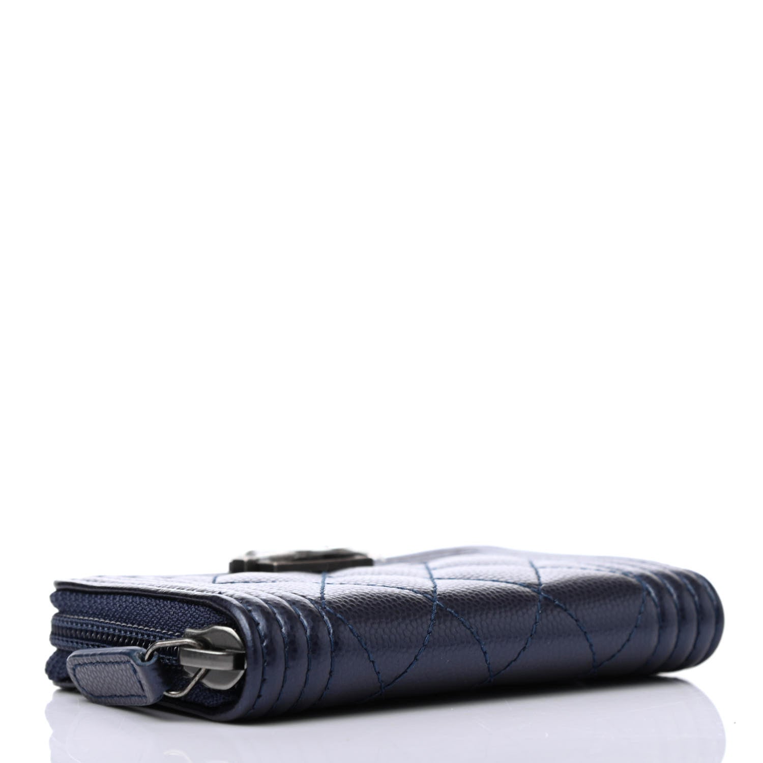 Chanel Metallic Caviar Quilted Boy Zip Around Coin Purse Wallet Navy 3 of 4