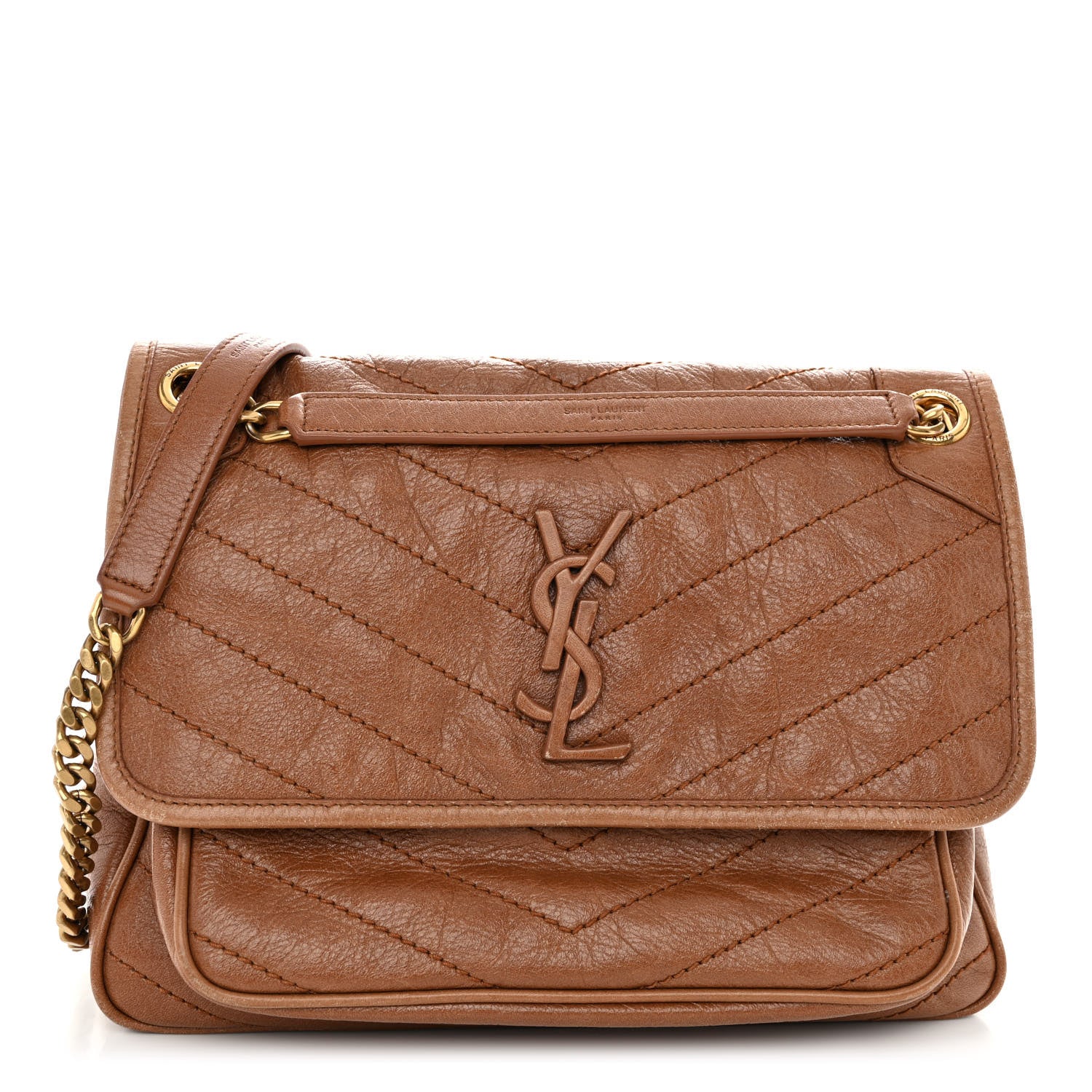 Saint Laurent Crinkled Calfskin Matelasse Monogram Medium Niki Chain Satchel Light Caramel 1 of 10