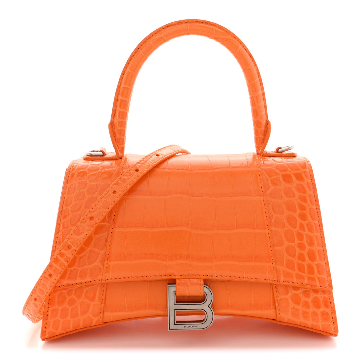 Balenciaga Shiny Calfskin Crocodile Embossed Small Hourglass Top Handle Bag Pop Orange 1 of 12