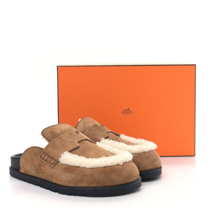 Hermes Suede Goatskin Shearling Go Mules 38 Brun Frume Ecru 9 of 9