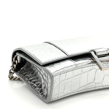 Balenciaga Metallic Calfskin Crocodile Embossed Hourglass Chain Bag Silver 8 of 9