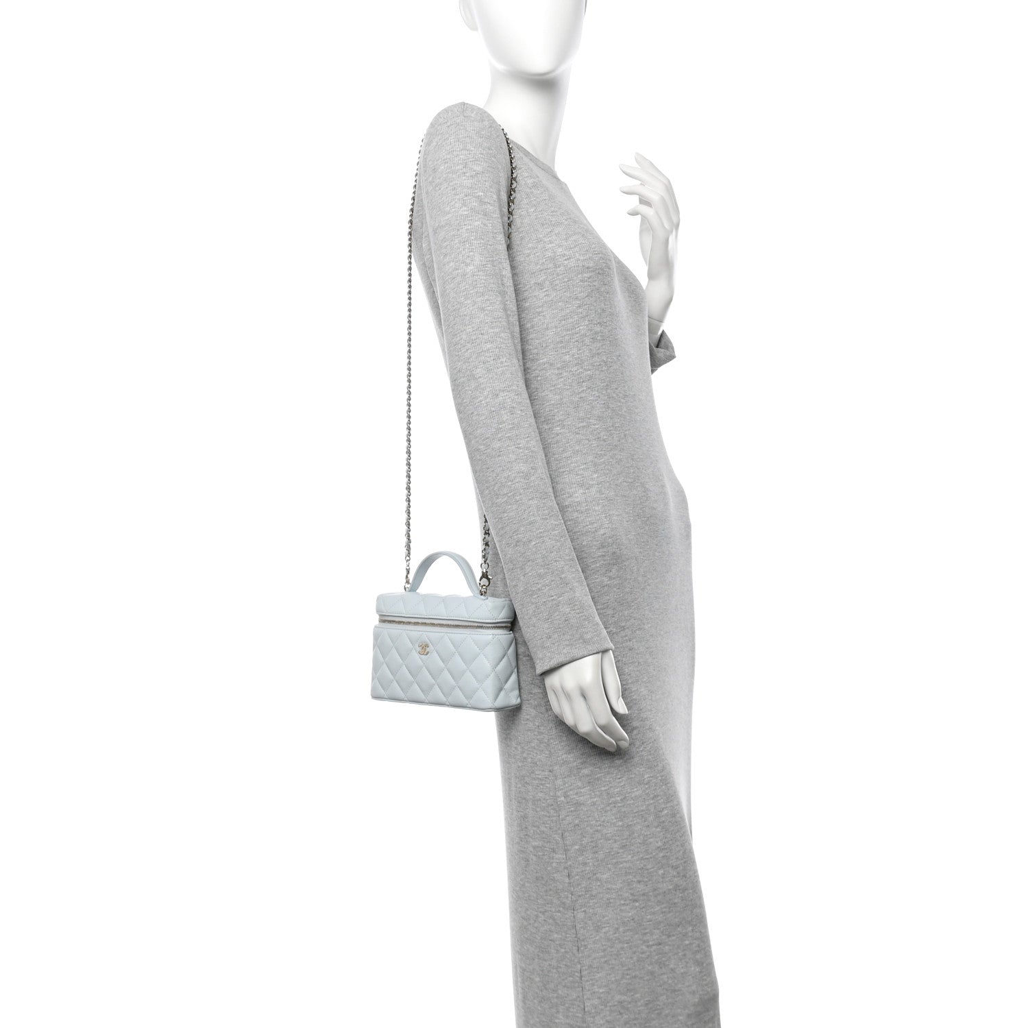 Chanel Caviar Quilted Top Handle Slim Vanity With Chain Light Blue 2 of 11
