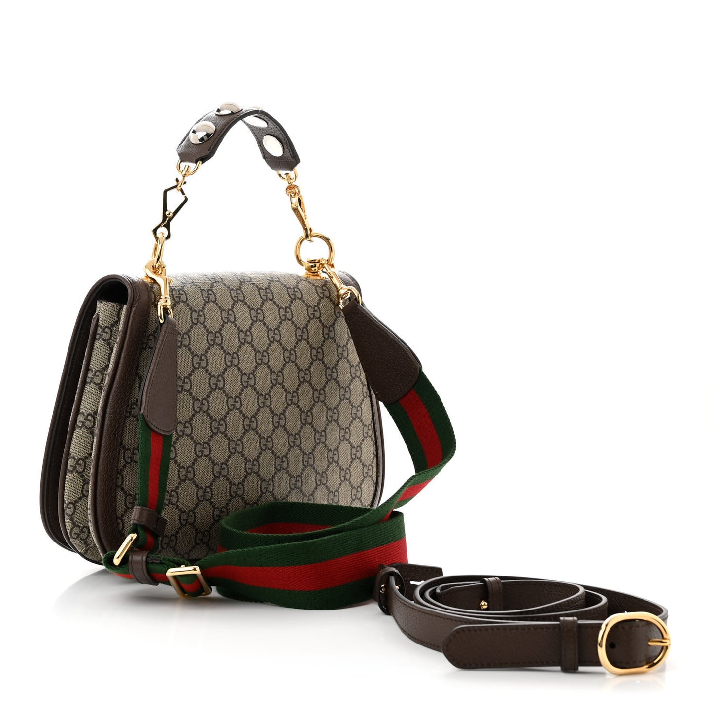 GG Supreme Monogram Textured Dollar Calfskin Web Medium Blondie Top Handle Shoulder Flap Bag Beige Ebony New Acero