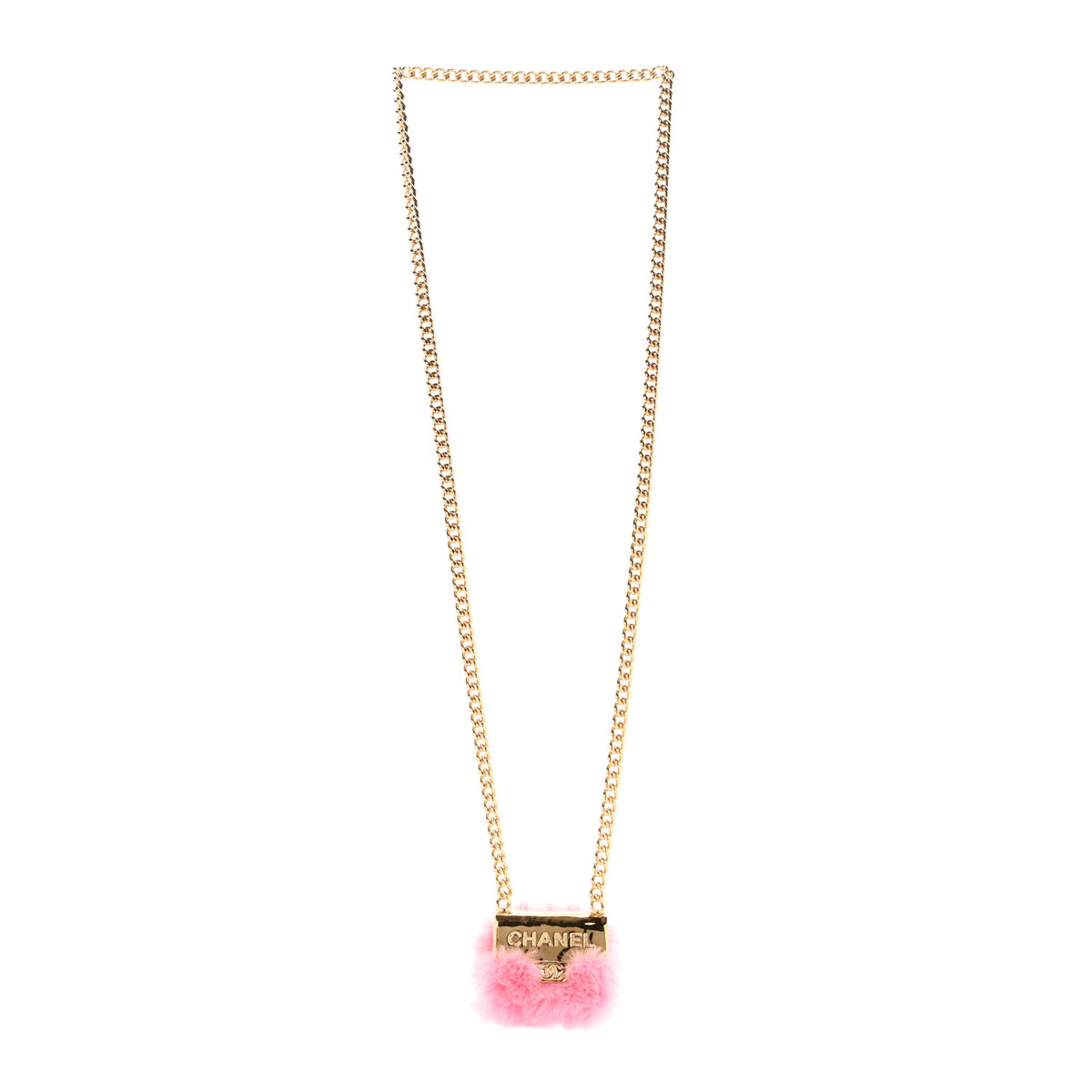Chanel Metal Fur Flap Bag Long Necklace Gold Pink 4 of 6