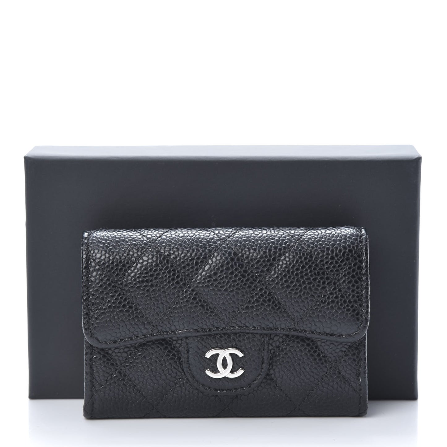 Caviar Quilted Flap Card Holder Wallet Black