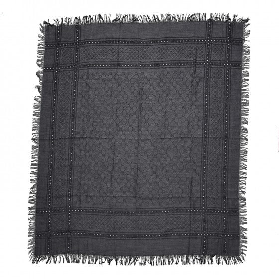 Wool Silk Monogram Diamanti Studded Fringe Square Scarf Anthracite