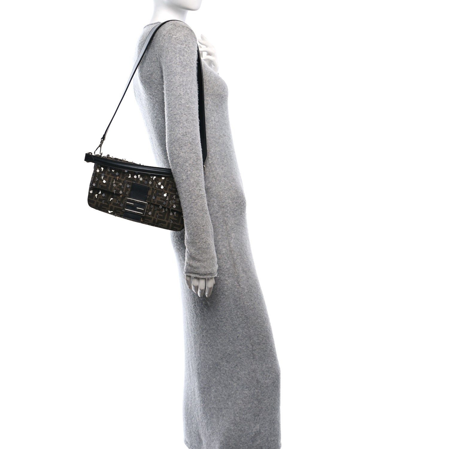 Fendi Fabric Jacquard F Paillettes Vitello Cover FF 1974 Embroidered Baguette Tobacco Moro Argento 2 of 11