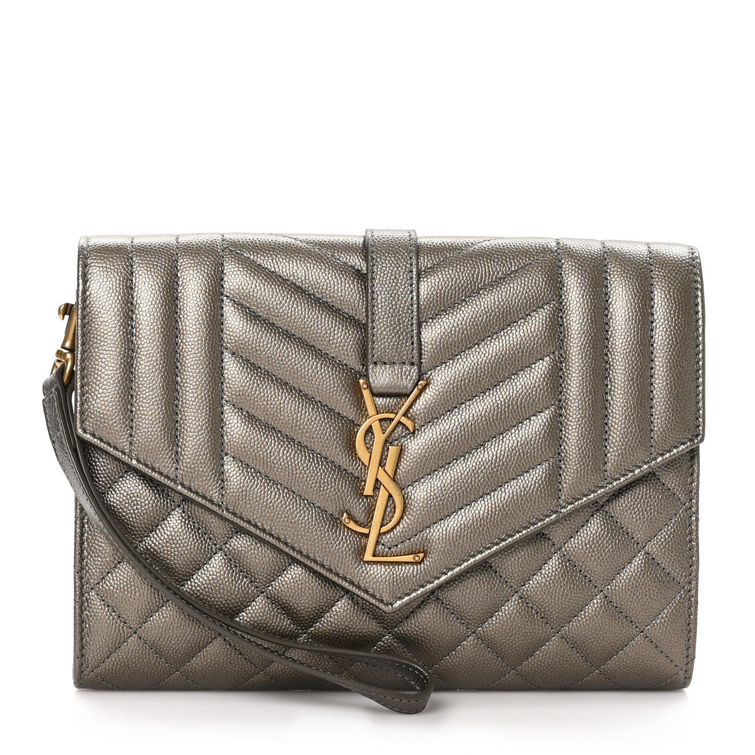 Saint Laurent Grain De Poudre Textured Mixed Matelasse Triquilt Monogram Clutch Piombo 1 of 10