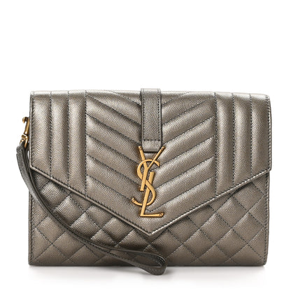 Saint Laurent Grain De Poudre Textured Mixed Matelasse Triquilt Monogram Clutch Piombo 1 of 10