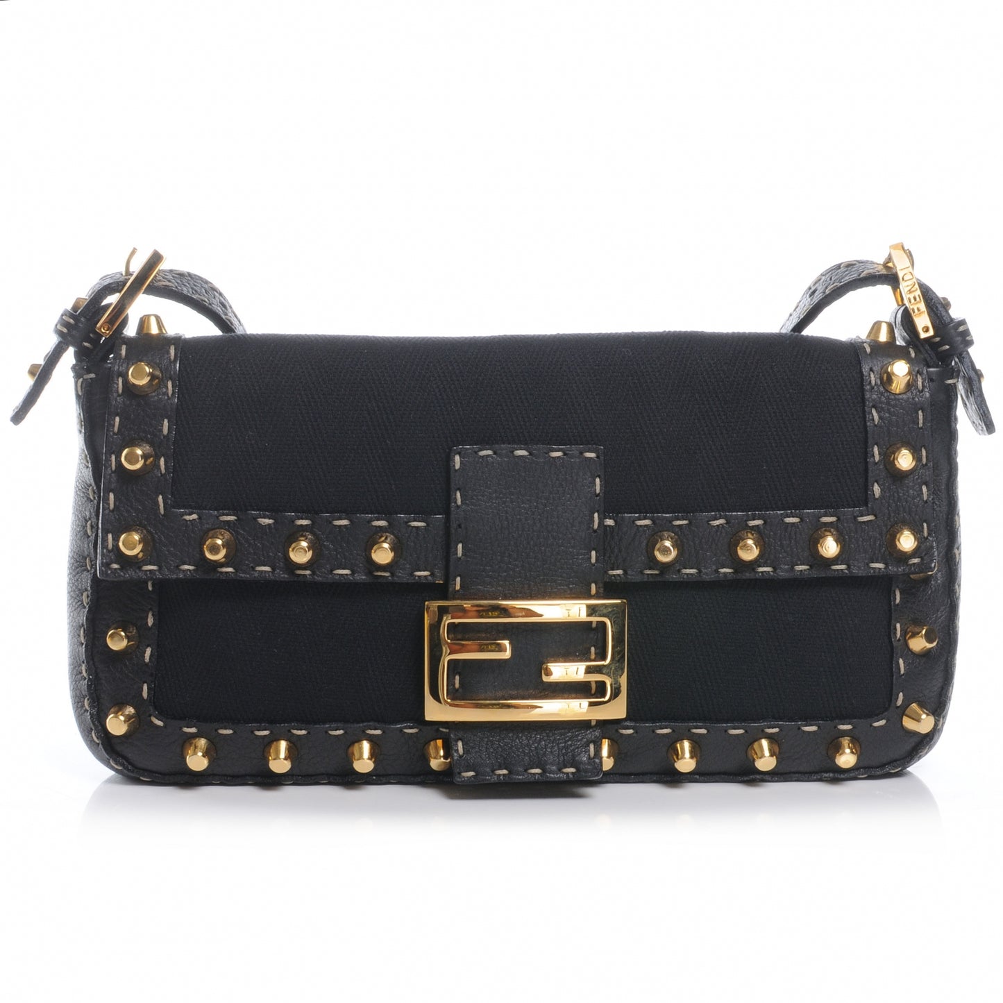 Canvas Calfskin Romano Selleria Studded Baguette Black