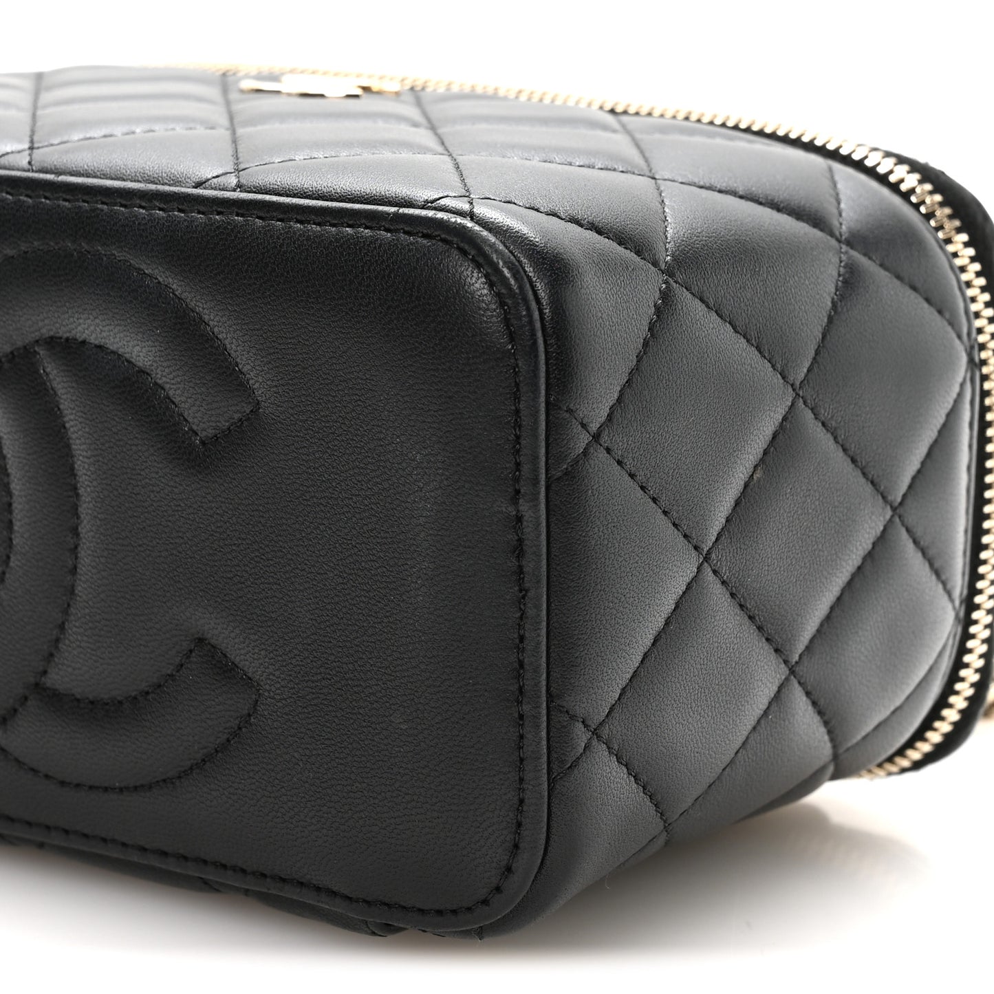 Lambskin Quilted Small Top Handle Vanity Case With Chain Black