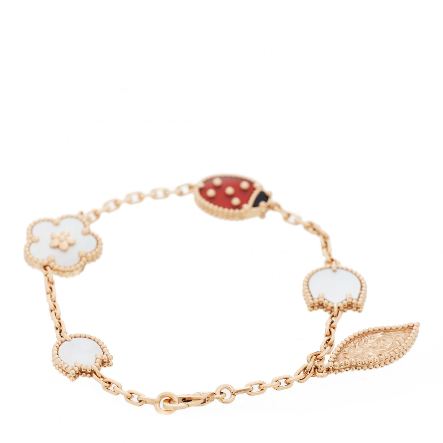 18K Rose Gold Carnelian Mother of Pearl Onyx 5 Motifs Lucky Spring Bracelet