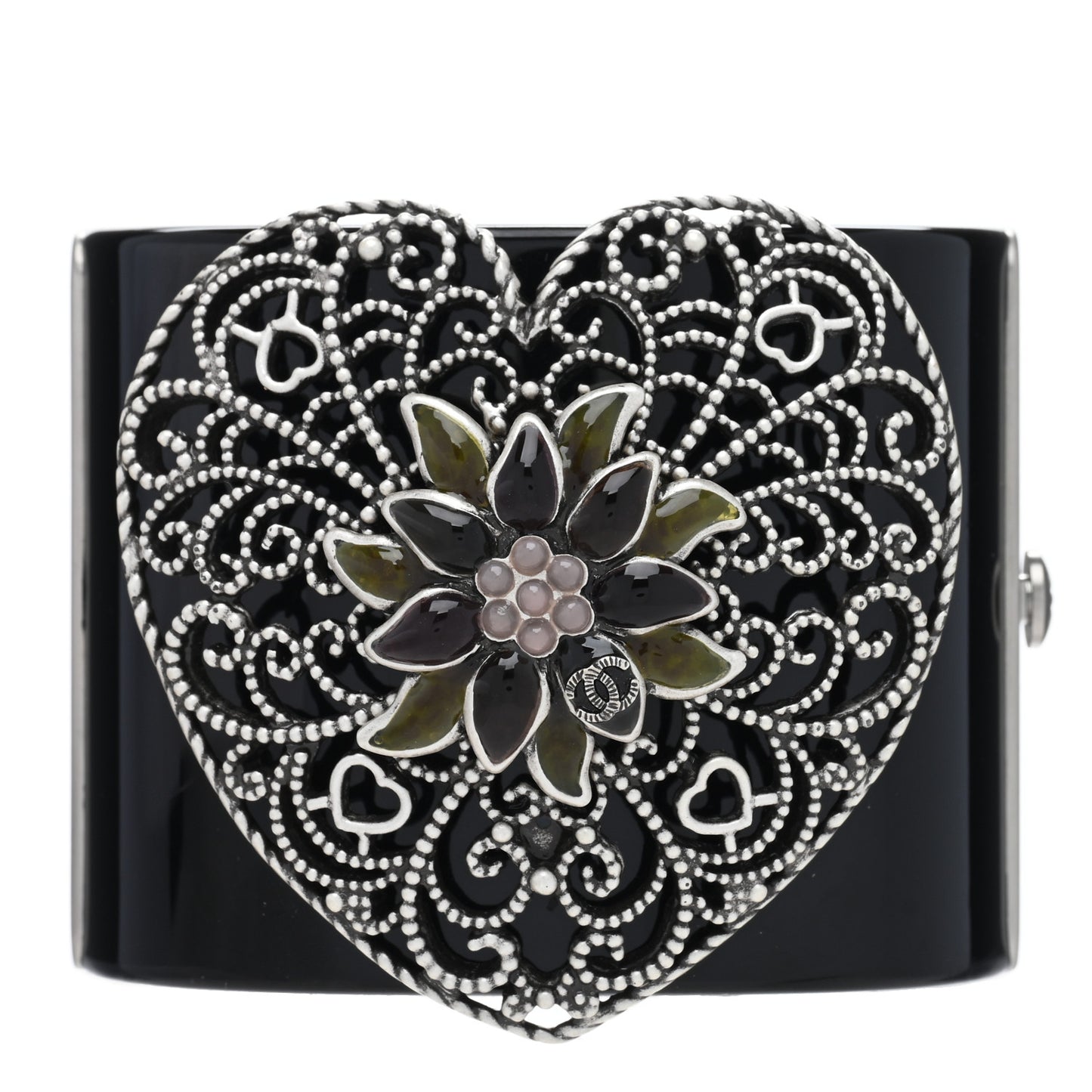 Resin Filigree Heart CC Cuff Bracelet Black