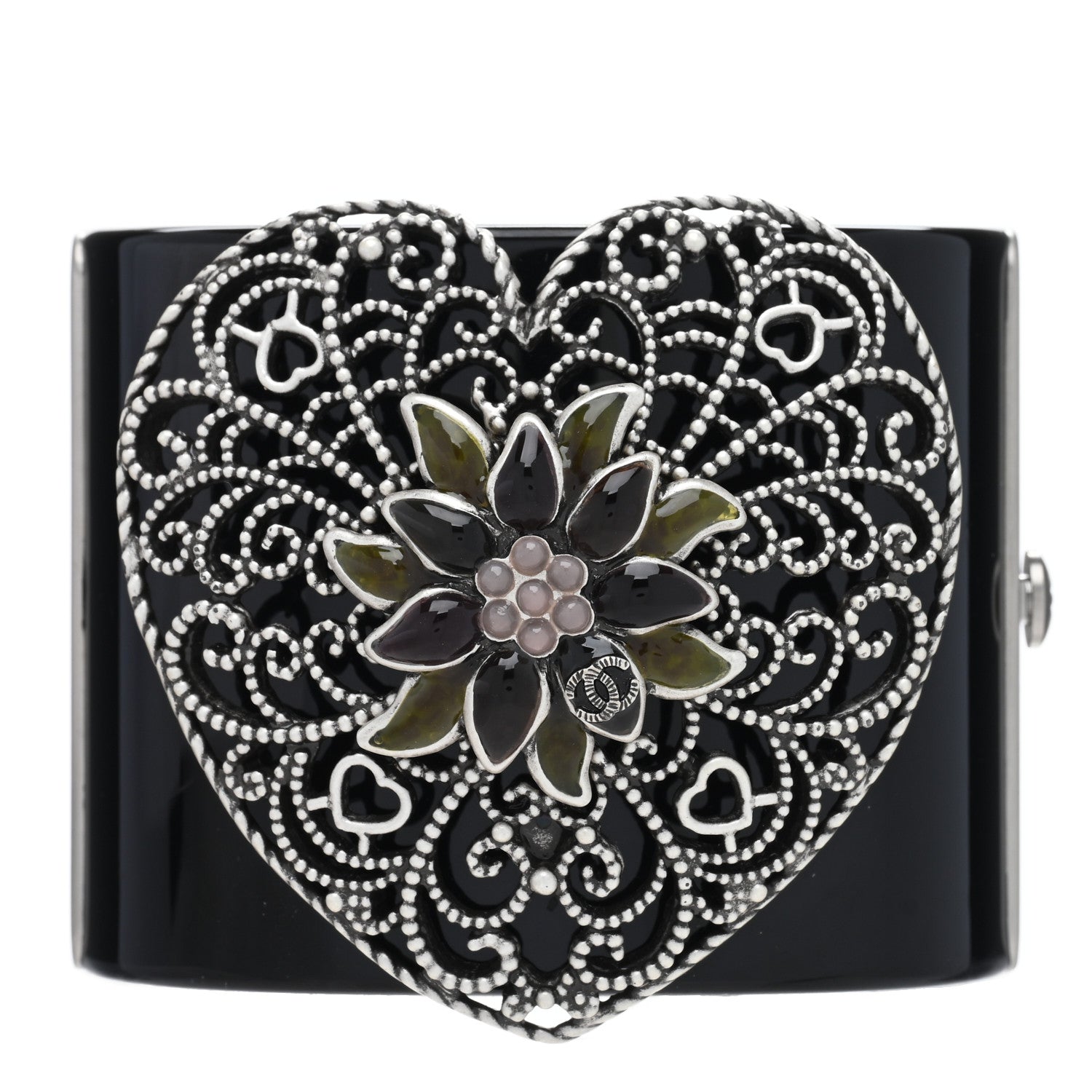 Chanel Resin Filigree Heart CC Cuff Bracelet Black 1 of 4