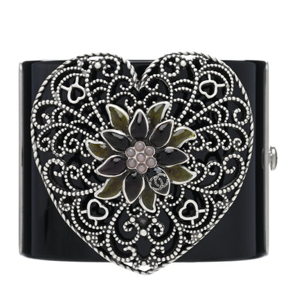 Chanel Resin Filigree Heart CC Cuff Bracelet Black 1 of 4