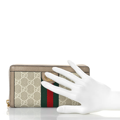 Gucci GG Supreme Monogram Textured Dollar Calfskin Web Ophidia Zip Around Wallet Beige Mystic White Oatmeal 2 of 10