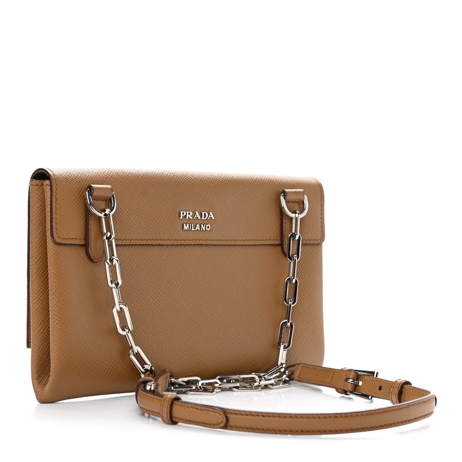 Prada Saffiano Cuir Twist Lock Chain Flap Crossbody Bag Caramel 3 of 10