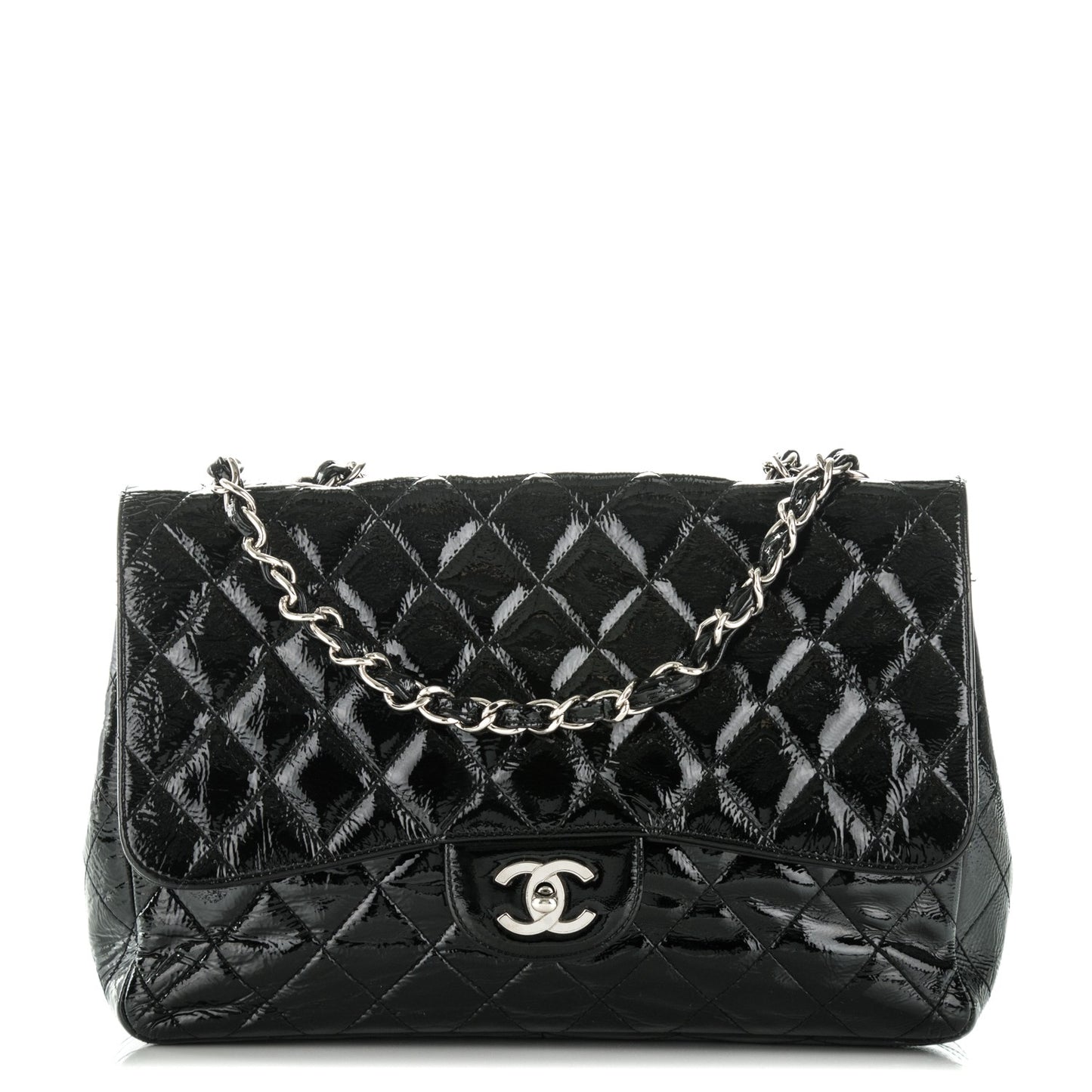 Distressed Patent Quilted Jumbo Single Flap Black