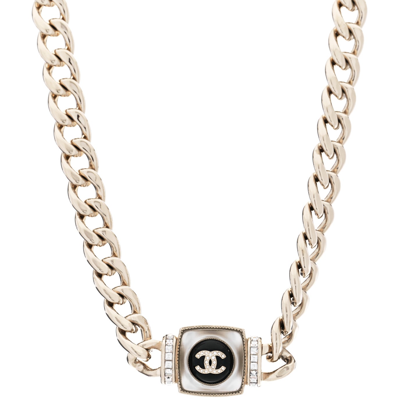 Metal Glass Pearl Strass CC Pendant Necklace Black Gold