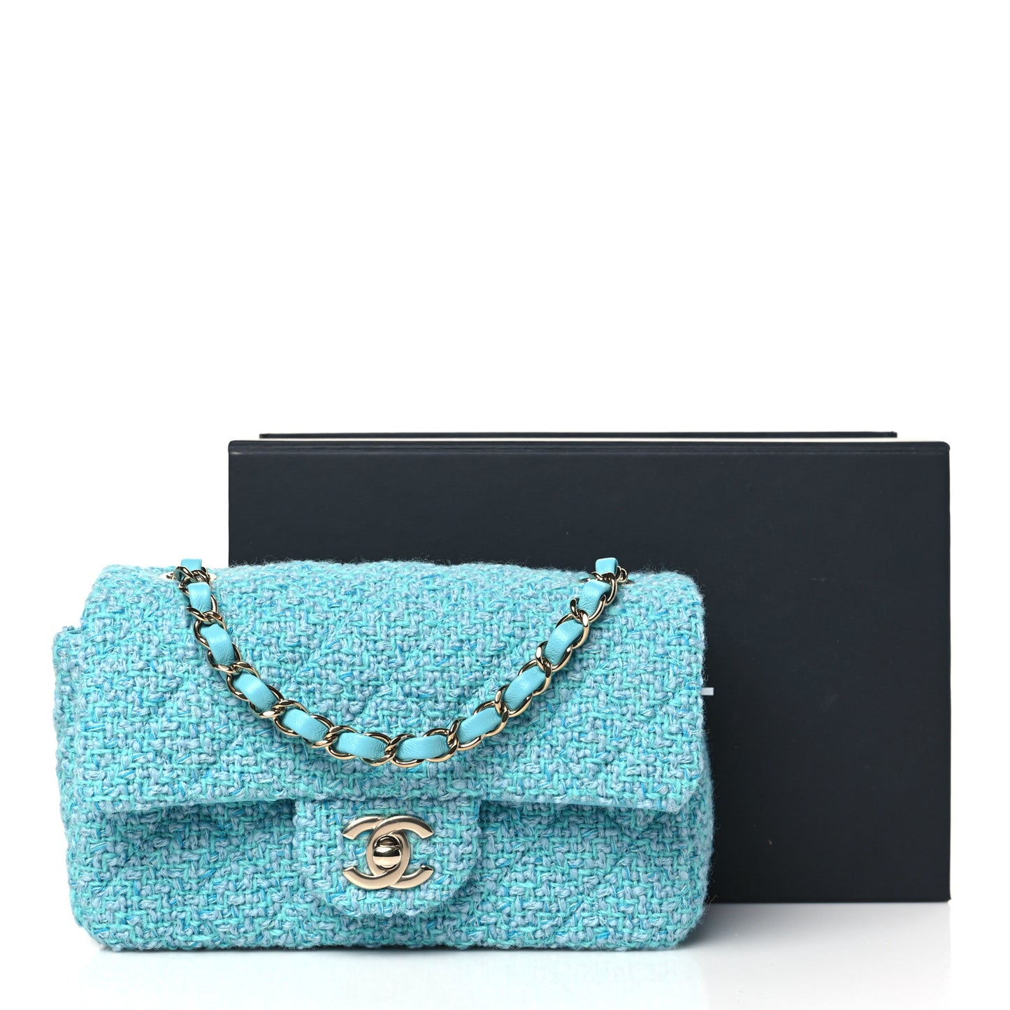 Wool Tweed Quilted Mini Rectangular Flap Turquoise Light Blue