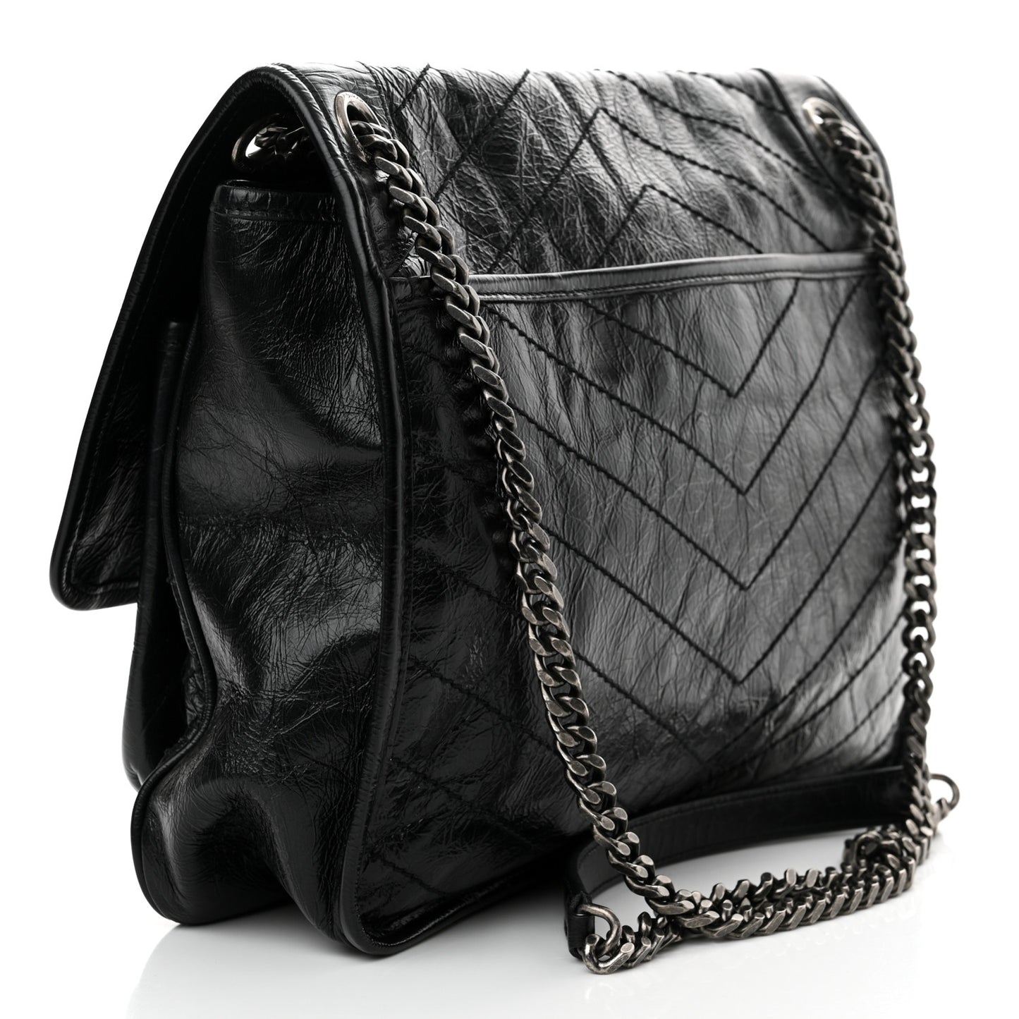 Crinkled Calfskin Matelasse Monogram Large Niki Chain Satchel Black