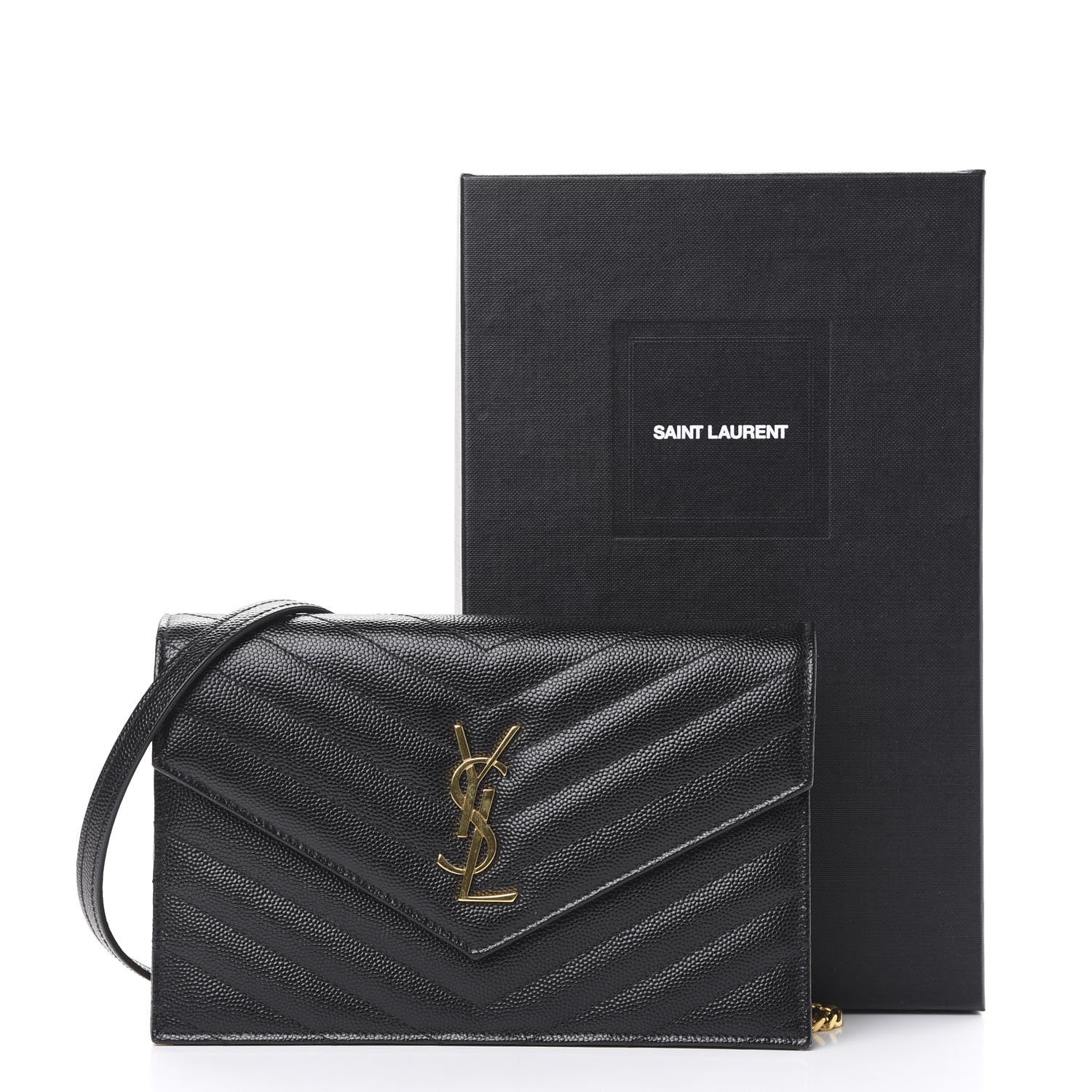 Saint Laurent Grain De Poudre Matelasse Chevron Monogram Envelope Chain Wallet Black 12 of 12
