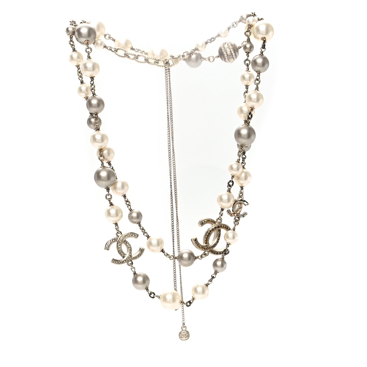 Pearl Baguette Crystal Beaded CC Long Necklace Gold Multicolor