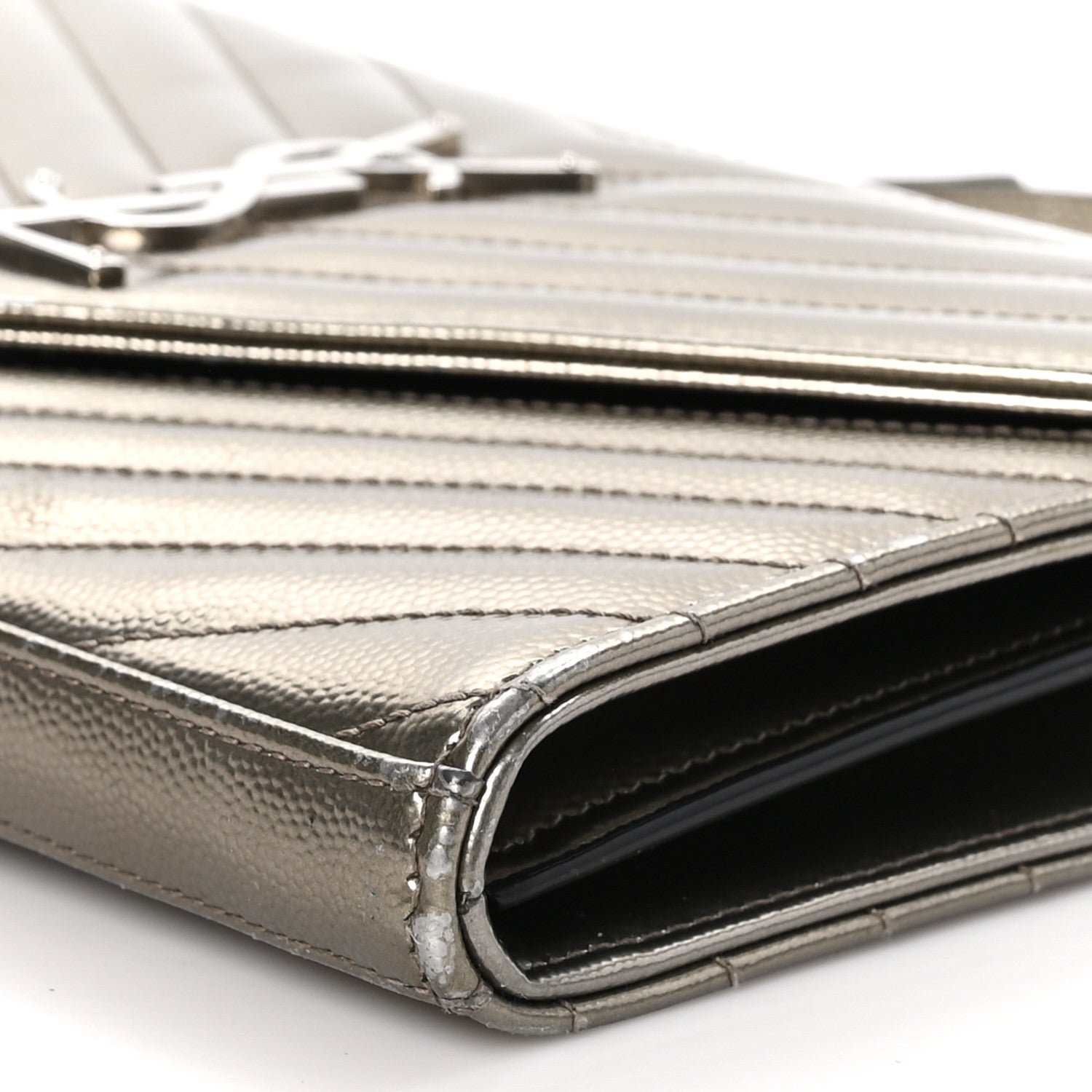Saint Laurent Metallic Grain De Poudre Matelasse Chevron Monogram Envelope Chain Wallet Piombo 10 of 13