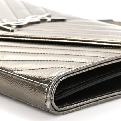 Saint Laurent Metallic Grain De Poudre Matelasse Chevron Monogram Envelope Chain Wallet Piombo 10 of 13