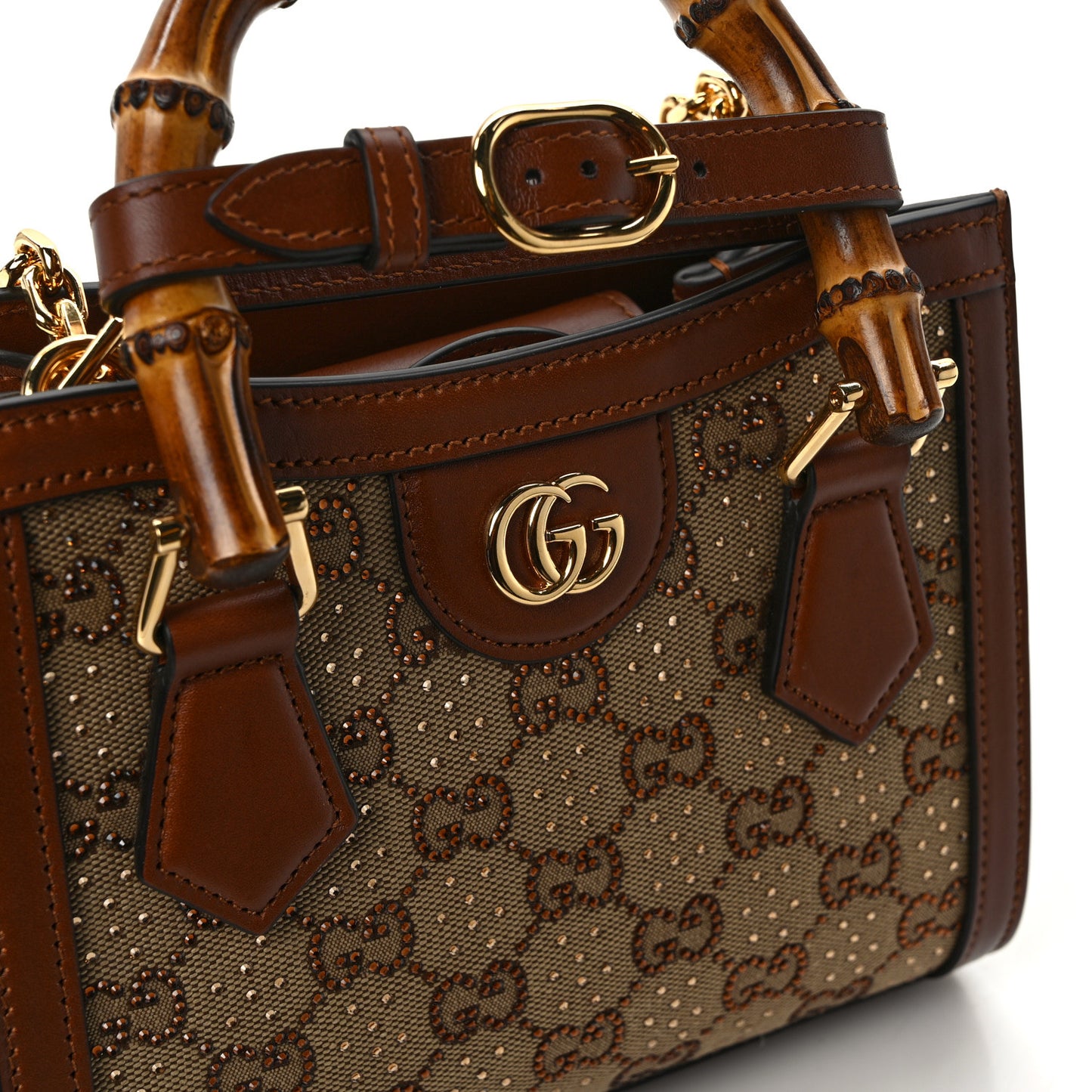 New Canvas Charisma Calfskin Crystal GG Monogram Mini Diana Tote Bag Camel Ebony
