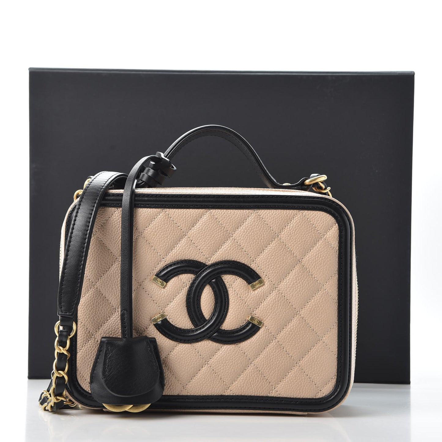 Caviar Quilted Medium CC Filigree Vanity Case Beige Black