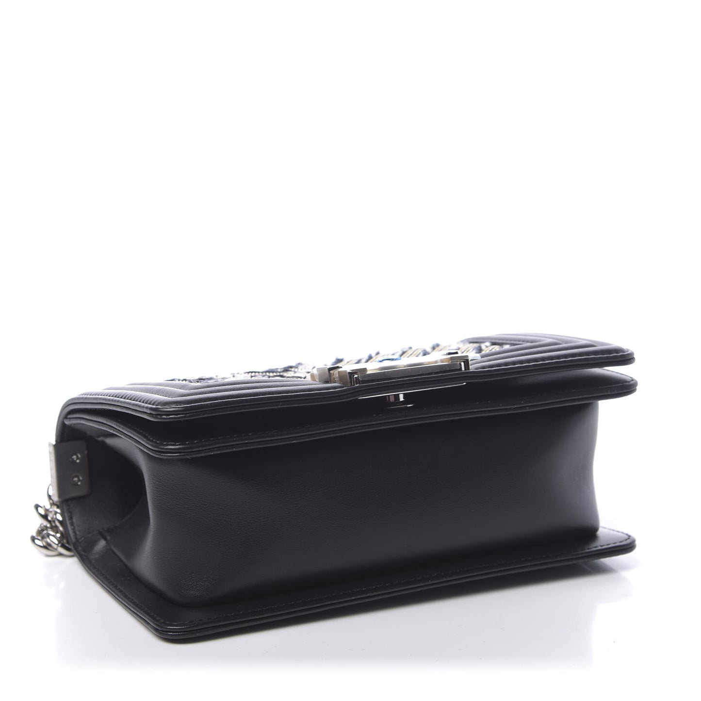 Calfskin Tweed Chain Chevron Small Boy Flap Black