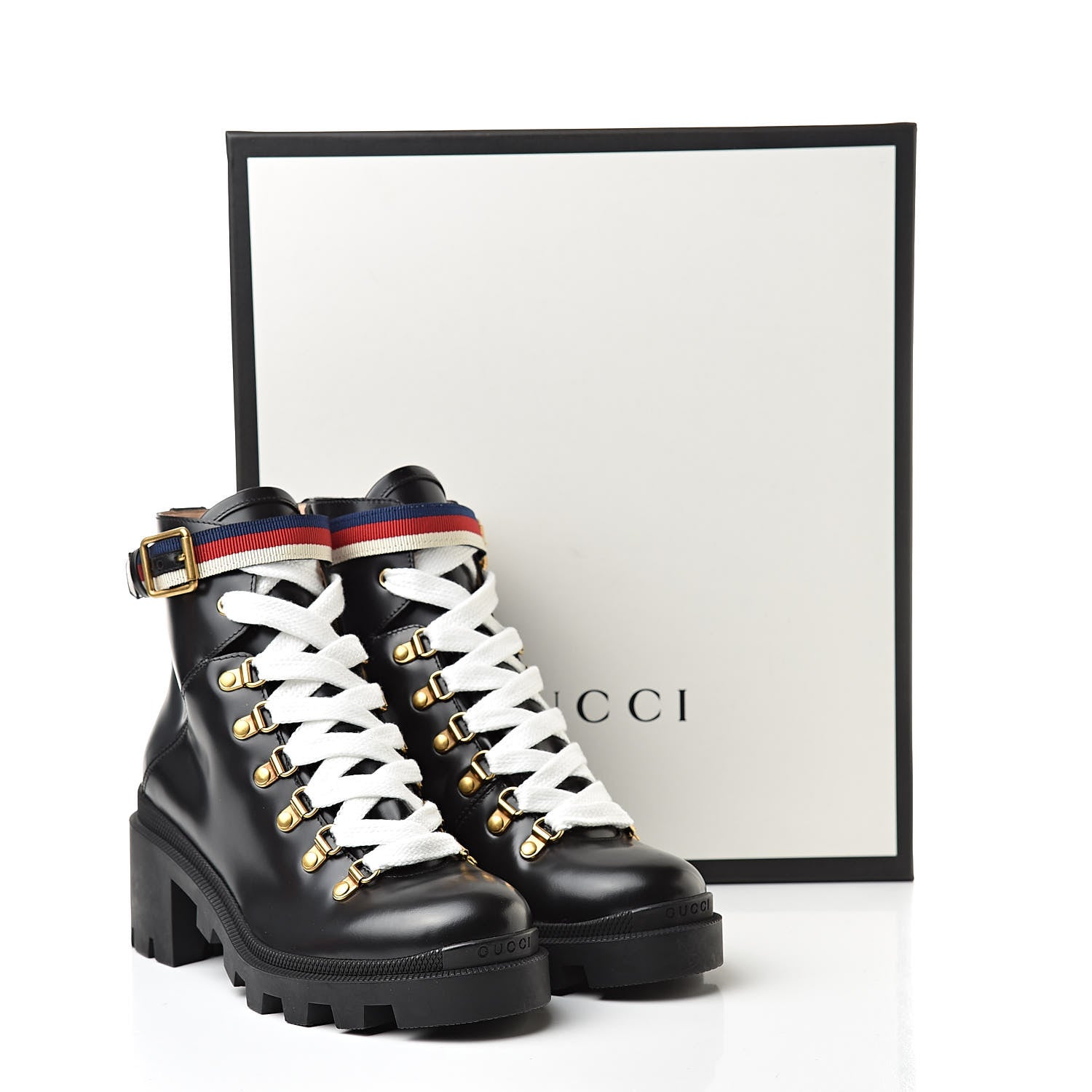 Gucci Calfskin Womens Sylvie Web Lace Up Combat Boots 37 Black 10 of 10