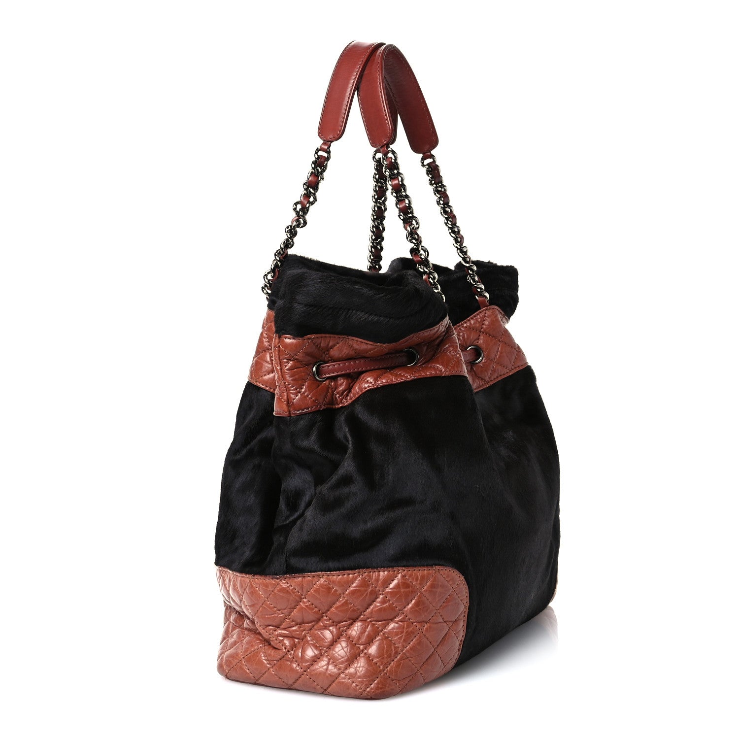 Chanel Aged Calfskin Pony Hair Quilted Miss Pony Drawstring Tote Brown 3 of 13