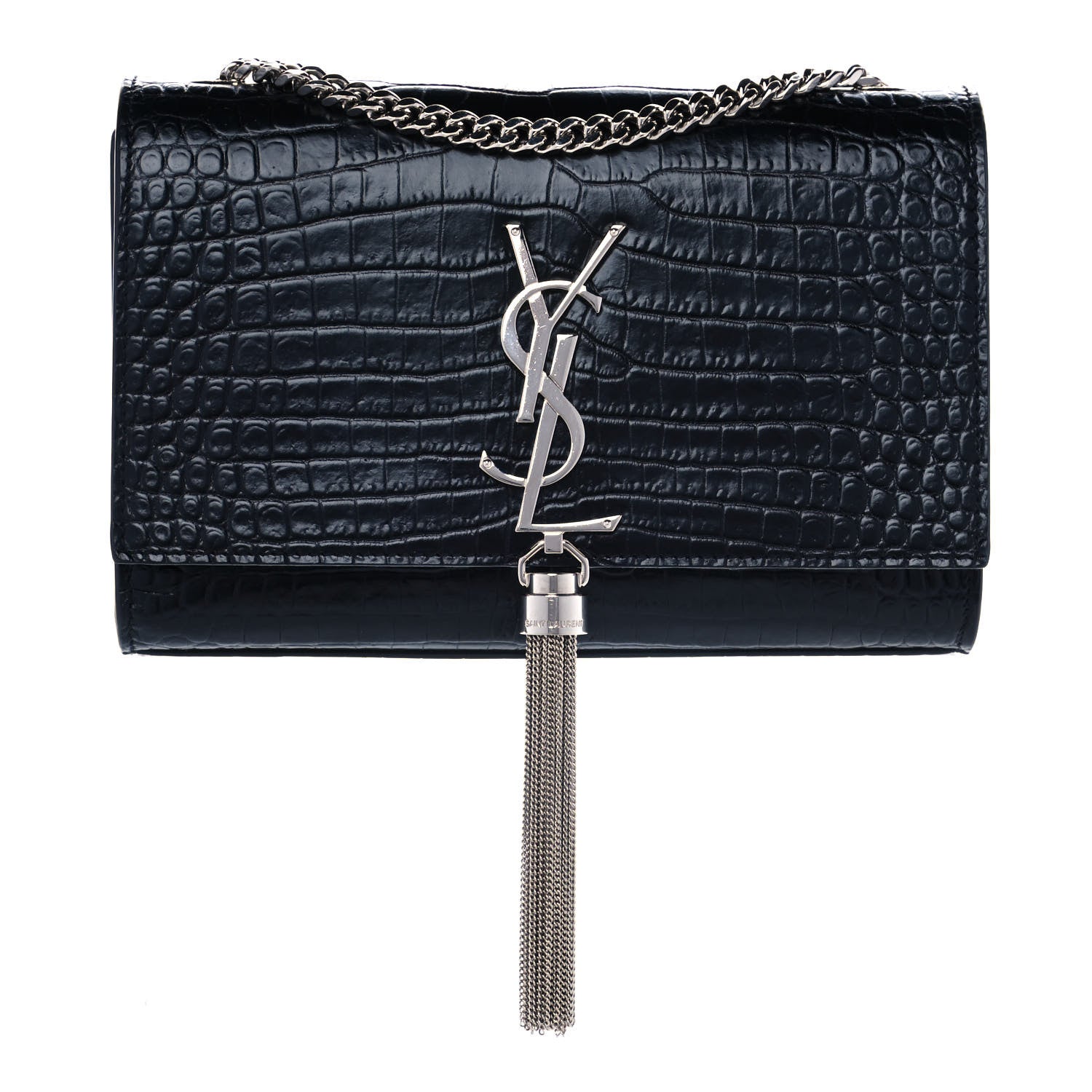Saint Laurent Calfskin Crocodile Embossed Small Classic Monogram Kate Tassel Satchel Black 1 of 11